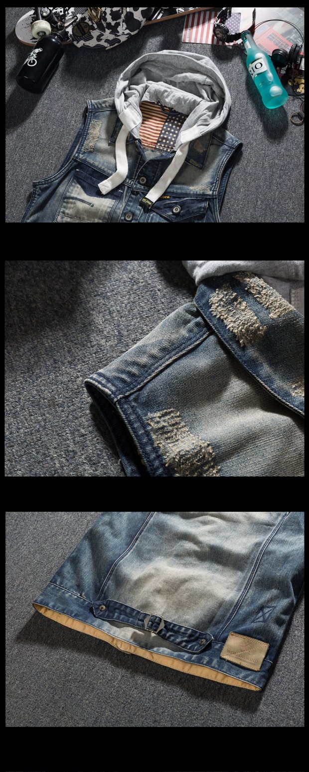 Mùa xuân và mùa thu mới thời trang trùm đầu denim vest thủy triều in retro Slim vest nam vest vest nam - Dệt kim Vest vest nam cao cấp