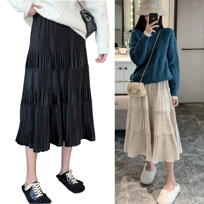 Pregnant woman skirt spring and autumn 2020 new loose A word thin solid color medium and long version of the belly pleated cake skirt