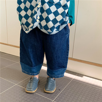 Boy 2022 Spring Autumn New Full Cotton Splicing Jeans Mid-Boy Ocean Gas Tide Version Lantern 90% Pants Broadlegged Pants