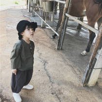 Childrens 21 new autumn mens baby solid color retro long sleeve T-shirt small children loose shirt round neck top