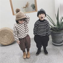 Boy 2020 new winter half high collar plus velvet striped sweatshirt female baby Foreign style thick top warm coat