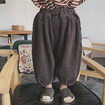 Boys 2021 Winter New Corduroy ankle-length pants Sen line plus velvet bloomers fat baby wide leg pants