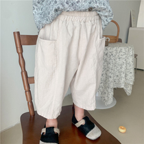 Boy 2021 summer new solid color cotton linen seven straight tube pants small childrens forest line foreign style wide leg ankle-length pants thin
