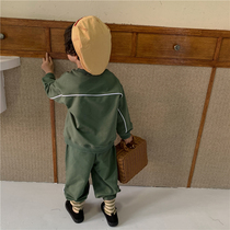 Boy 2021 New Spring solid color cotton round neck clothes small children Foreign style loose sports pants two-piece set