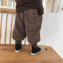 Boy 2021 new winter clothes thick plaid wide leg pants small childrens forest line plus velvet casual pants foreign style warm pants