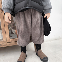 Boy 2021 new winter clothes small childrens forest line plus velvet bloomers baby Foreign style warm waist wide leg pants tide