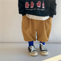 Boy 22 fall new pure color full cotton light cage pants female baby foreign air knit elastic swepants casual sports pants