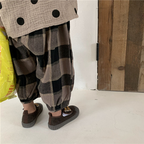 Boys 2021 autumn new cotton plaid wide leg pants small children Mori vintage ankle-length pants casual bloomers