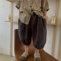 Boy 2021 summer clothes new solid color cotton lantern ankle-length pants female child forest loose wide leg Capri pants
