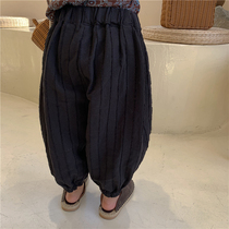 Muchen home 2021 boys autumn clothes new solid color cotton hemp pants small children forest loose wide leg ankle-length pants