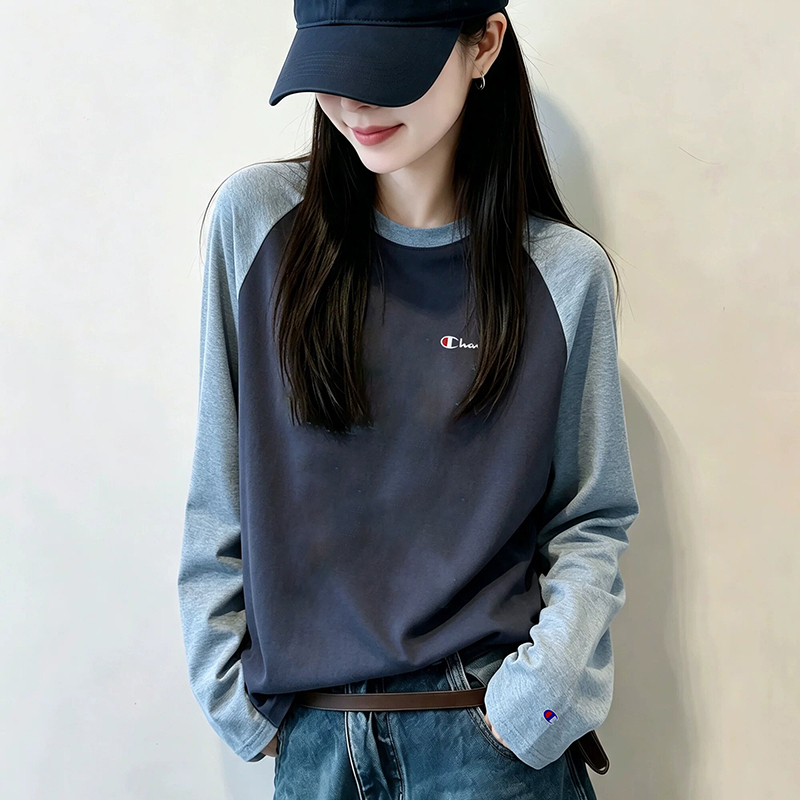 Japanese Style Trendy Brand Champion Autumn Color-Block Embroidered Raglan Long-Sleeve T-Shirt for Women, Loose Round Neck Versatile Base Shirt Top