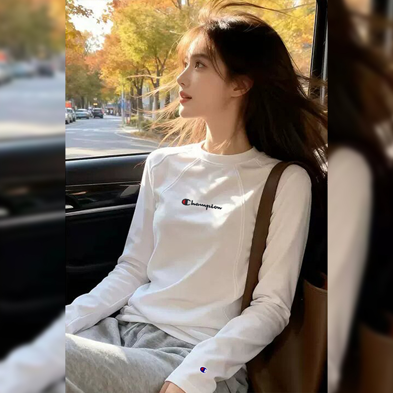 Japanese Trendy Brand Champion Autumn Design White Round Neck Embroidered Long-Sleeve T-Shirt for Women, Slimming and Versatile Base Layer Top Japanese Trendy Brand Champion Autumn Design White Round Neck Embroidered Long-Sleeve T-Shirt for Women, Slimming and Versatile Base Layer Top