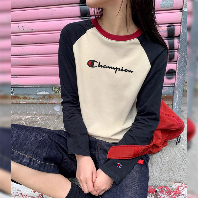 Japanese Style Trendy Brand Champion Spring Color-Block Embroidered Raglan Long-Sleeve T-Shirt for Women, Round Neck, Loose Fit, Inner Layer Top ins