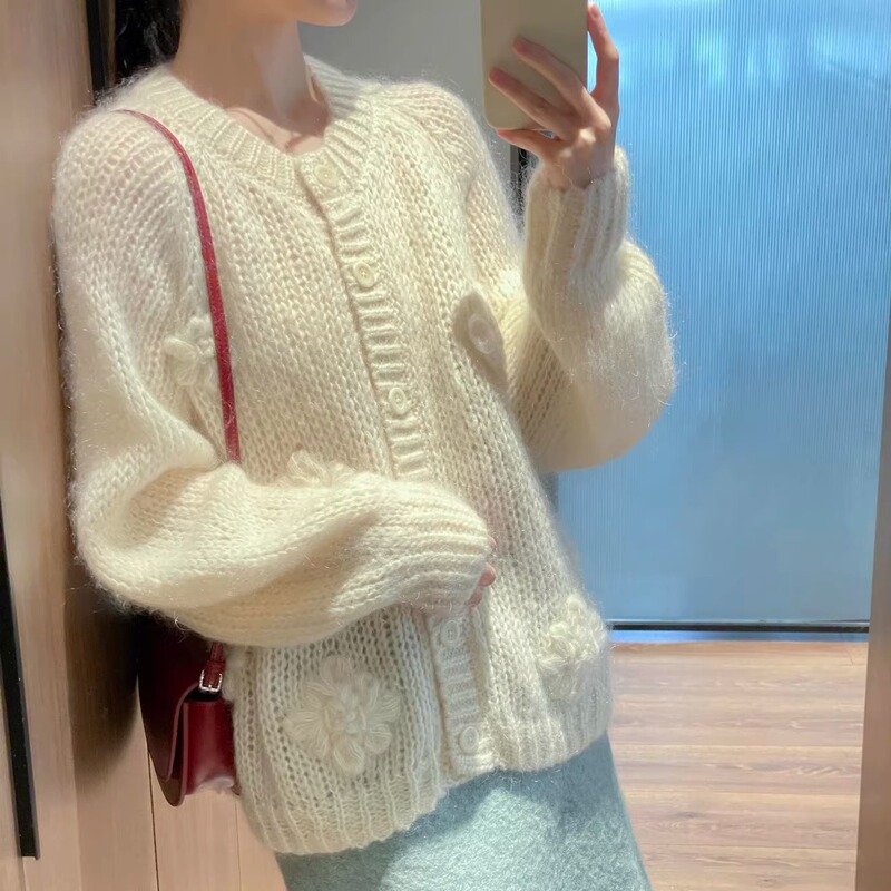 Cream White! Three-Dimensional Floral Knit Cardigan for Women, Lazy and Sophisticated Sweater Jacket, Super Pretty Mohair Top Cream White! Three-Dimensional Floral Knit Cardigan for Women, Lazy and Sophisticated Sweater Jacket, Super Pretty Mohair Top