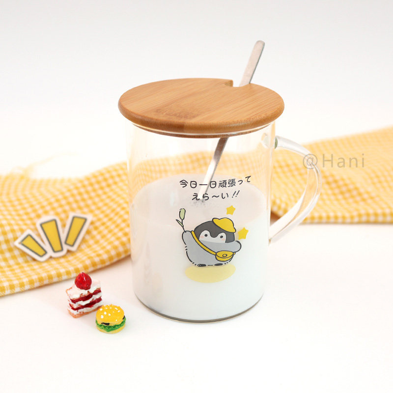 Original Penguin Glass cup Hani day series water glasses milk cup mark cup with cover with spoon office coffee cup-Taobao