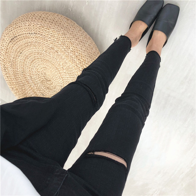 Have to love! Charcoal black slimming nine-point jeans with irregular holes pencil pants for women Korean version 2023