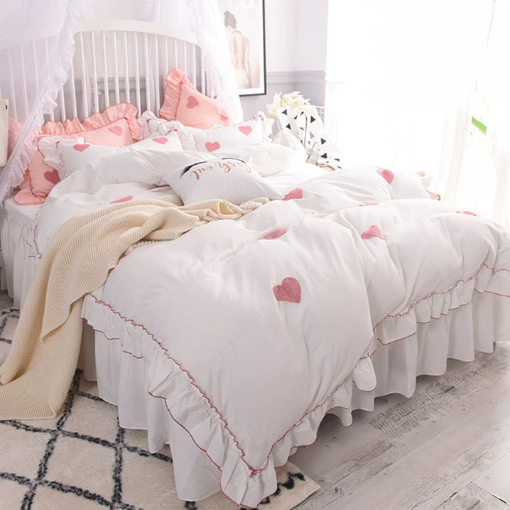 giường cotton phong cách công chúa bốn mảnh bộ bông tinh khiết giặt bông xù lông rắn màu trái tim cô gái 1,8 mét đôi - Bộ đồ giường bốn mảnh