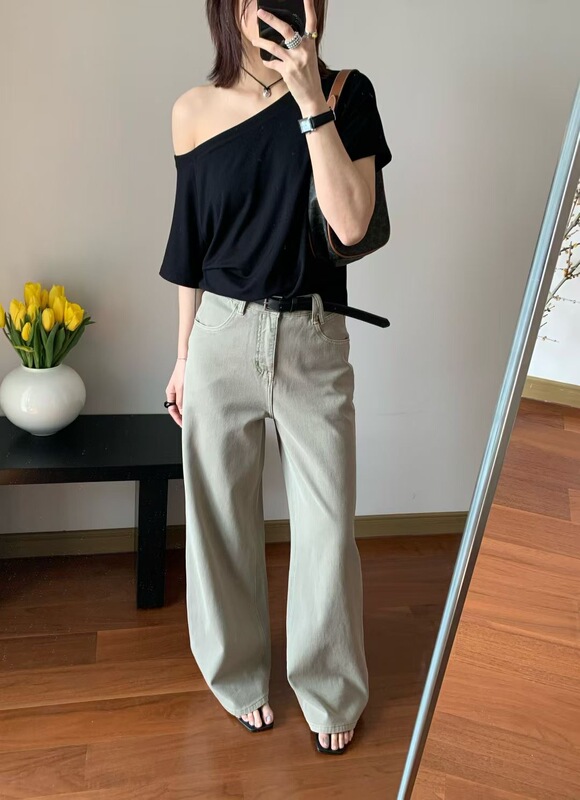 Gl26 Early Spring Korean Style Simple Versatile Slim Straight Cuffed Jeans Casual Pants with Belt 7338