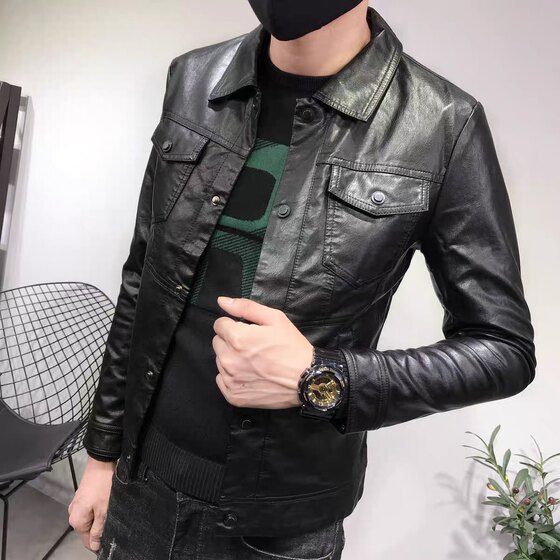 翻领皮衣经典百搭潮男春秋新韩版修身拉链休闲夹克社会人网红青年