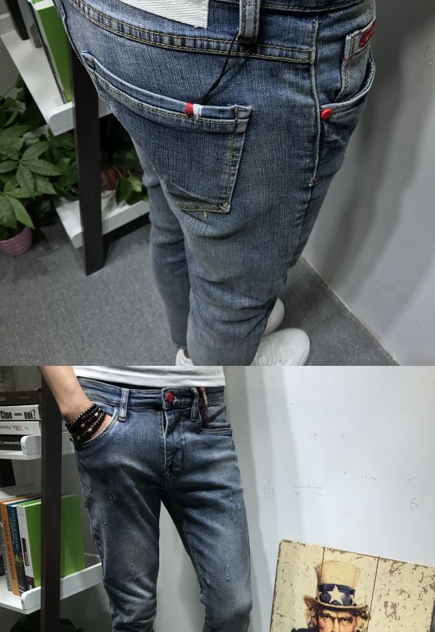 Dòng đàn ông mùa hè mới tự tu retro chân cũ chín điểm quần jeans nam xã hội nhanh tay đỏ nổ quần nam