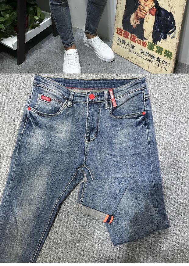 Dòng đàn ông mùa hè mới tự tu retro chân cũ chín điểm quần jeans nam xã hội nhanh tay đỏ nổ quần nam