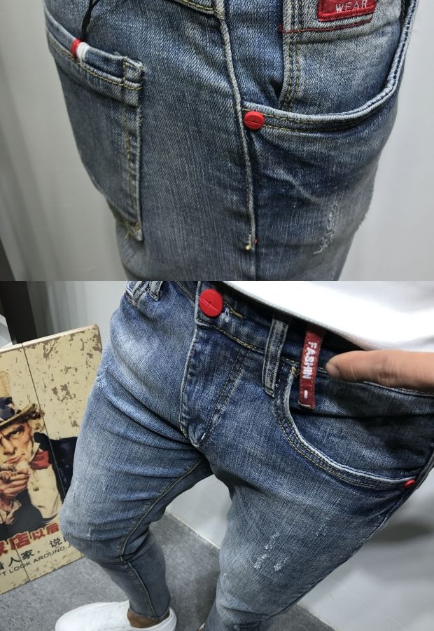Dòng đàn ông mùa hè mới tự tu retro chân cũ chín điểm quần jeans nam xã hội nhanh tay đỏ nổ quần nam