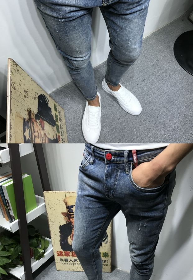 Dòng đàn ông mùa hè mới tự tu retro chân cũ chín điểm quần jeans nam xã hội nhanh tay đỏ nổ quần nam