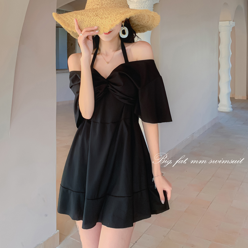 Swimsuit women summer 2022 new South Korea senior black large size shade and thin skirt short sleeve swimsuit