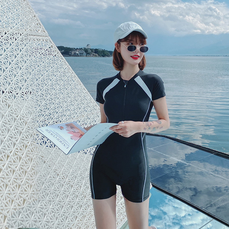 Swimsuit women's summer 2022 new Korean one-piece short-sleeved conservative cover belly slimming black sports surfing wetsuit