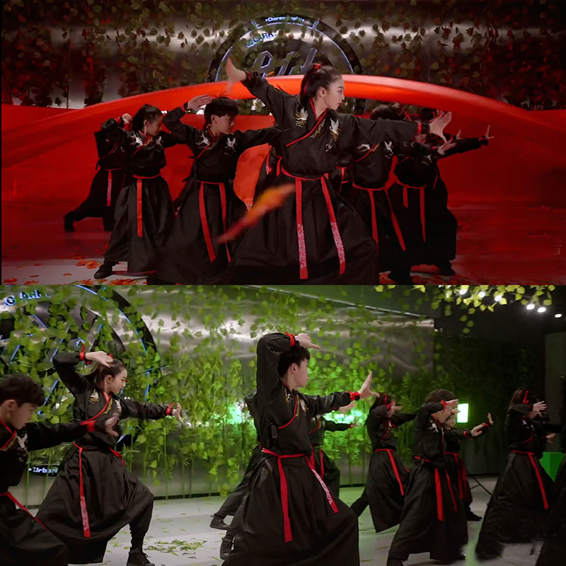 Chinese Martial Arts Style Hanfu Performance Costume, Chinese Style from Ancient Times to the Present, Black and Red Traditional Clothing for Children and Adults, Street Dance