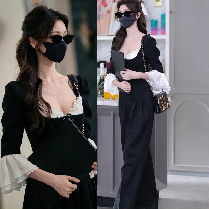 Beauty Yu Yimengling and Wen Xiaoxiao's Same Style Black Retro Waist-Cinching Bell-Sleeve Top and Wide-Leg Pants Suit Dress