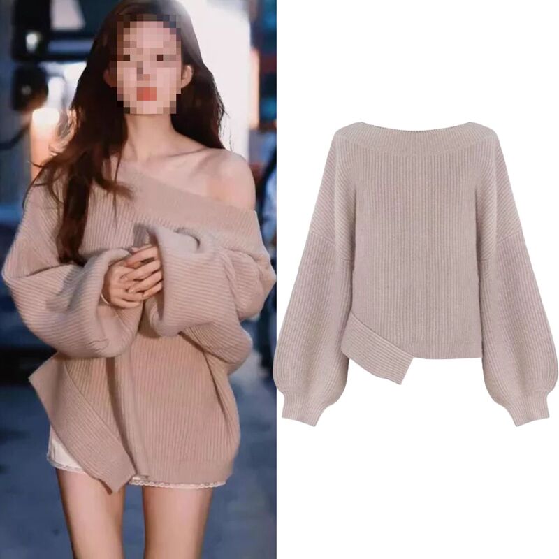 Xu Liangyao, Zhao Lusi, and Xu Yan's Same Style Sweater for Women, Super Pretty, Loose, Lazy Style, Asymmetrical Off-Shoulder Knitwear