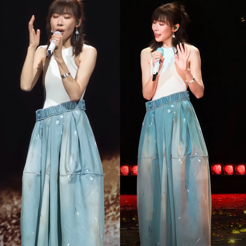 Ren Suxi's Same Style Sleeveless Camisole Dress Set with Wide-Leg Pants, High-Waisted, Slimming, Elegant Graffiti Denim Dress