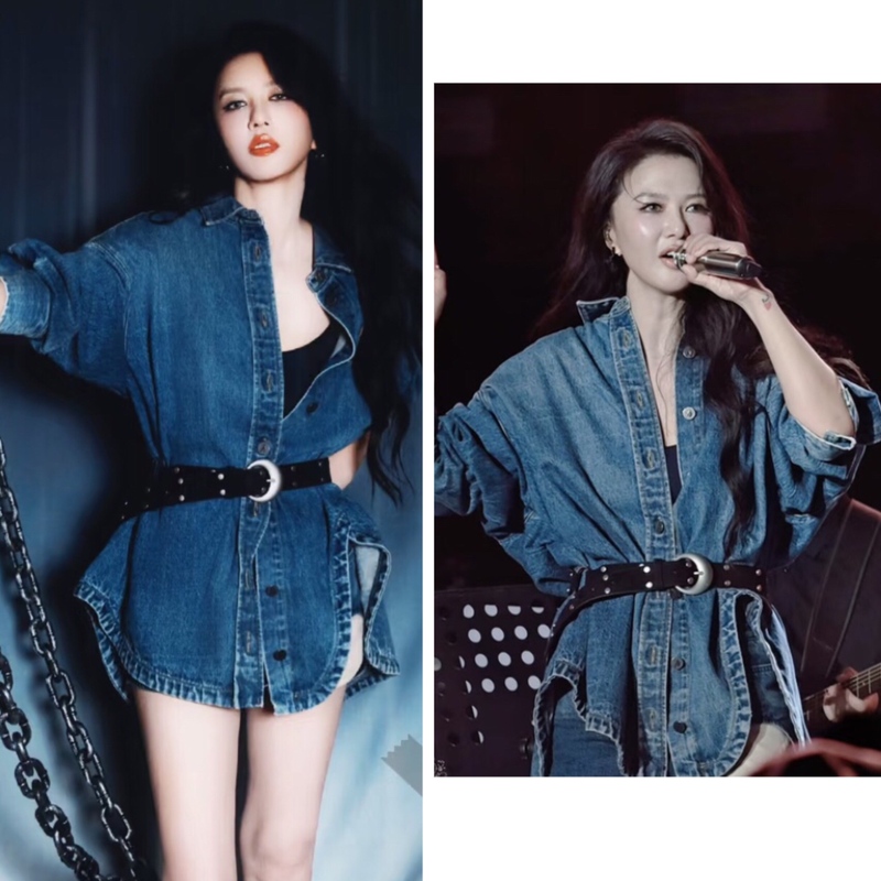 Tan Weiwei Style Irregular Denim Shirt for Women, Vintage Multi-Button Washed Distressed Loose Jacket Denim Coat