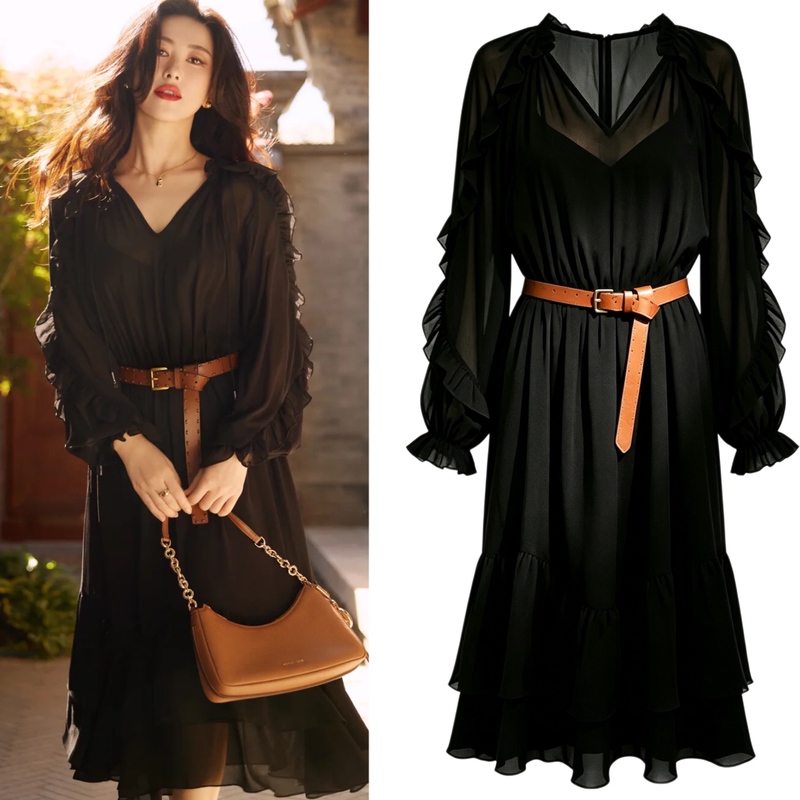 Miyuji Zhu Zhu's Same Style Black Ruffled Sheer Vacation-Style Long Dress with Summer Lantern Sleeves