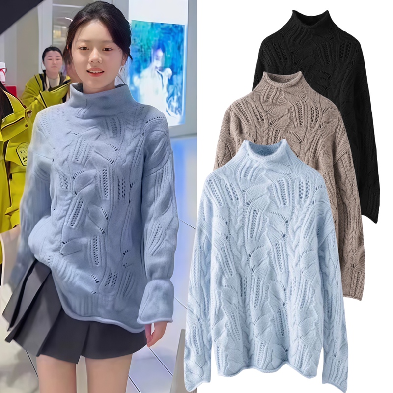 The Sun Is Like Me, Zhao Jinmai and Nie Xiguang's Same Style Blue Loose Half-High Collar Knit Top with Hollow-Out Pullover Sweater