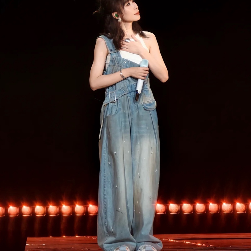 Ren Suxi Style Blue Vintage One-Shoulder Youthful Denim Overalls for Women, High-Waisted Wide-Leg Graffiti Jumpsuit Pants