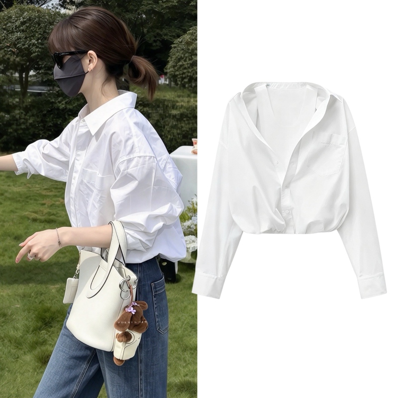Wedding Outfit Zhao Lusi Style White French Waist-Cinching Slimming Faux Two-Piece Long-Sleeve Shirt Top and Jeans Set for Women