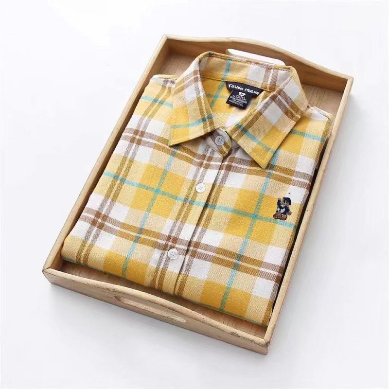 Bear Print Flannel Plaid Shirt for Women, Long-Sleeved, Loose-Fitting, Korean Style, Suitable for Spring, Autumn, and Winter, Pure Cotton, Student Shirt, Can Be Worn as an Outer Layer