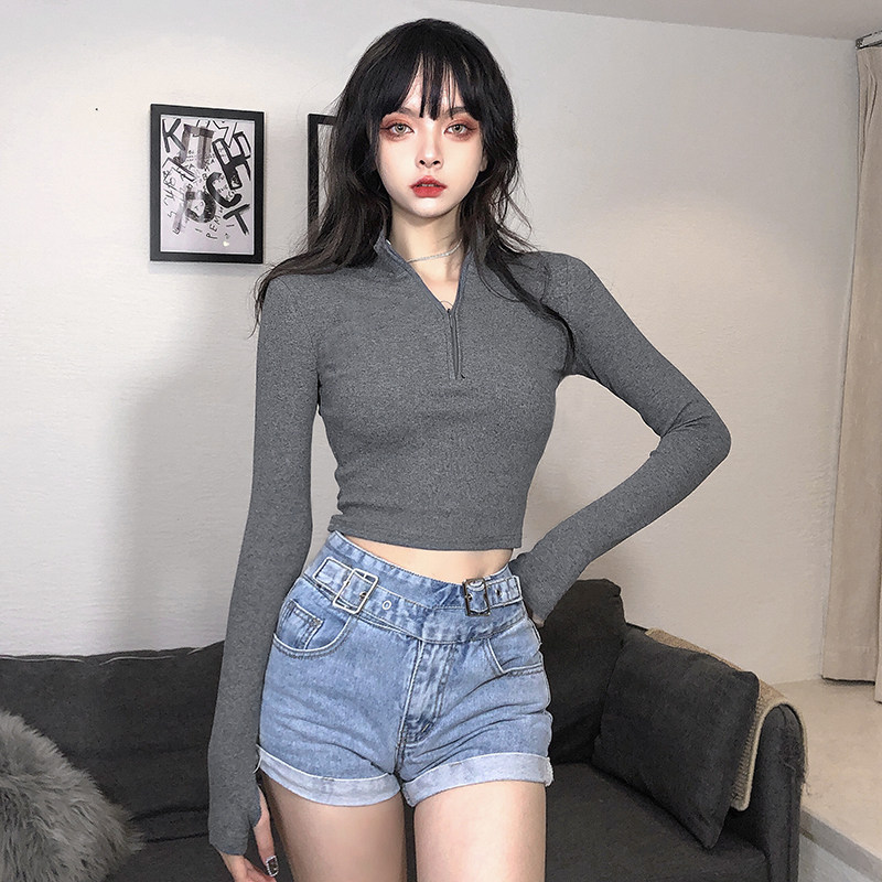 ROCKMORE EUROPEAN AND EUROPEAN STREET Thumb Buckle Long Sleeve T-shirt Woman 100 lap pure color Short Dew Cord threaded jacket