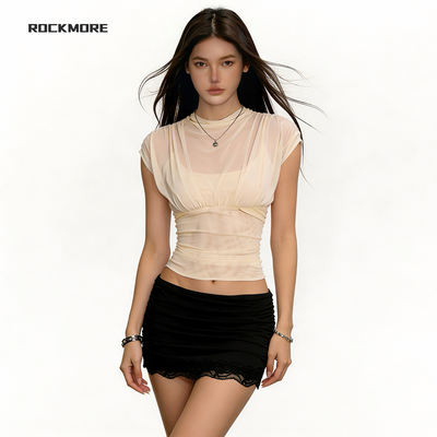 #ROCKMORE# Pure Sensuality skin tone see-through mesh pleated fake two T-shirts, Spice Girl layering versatile top