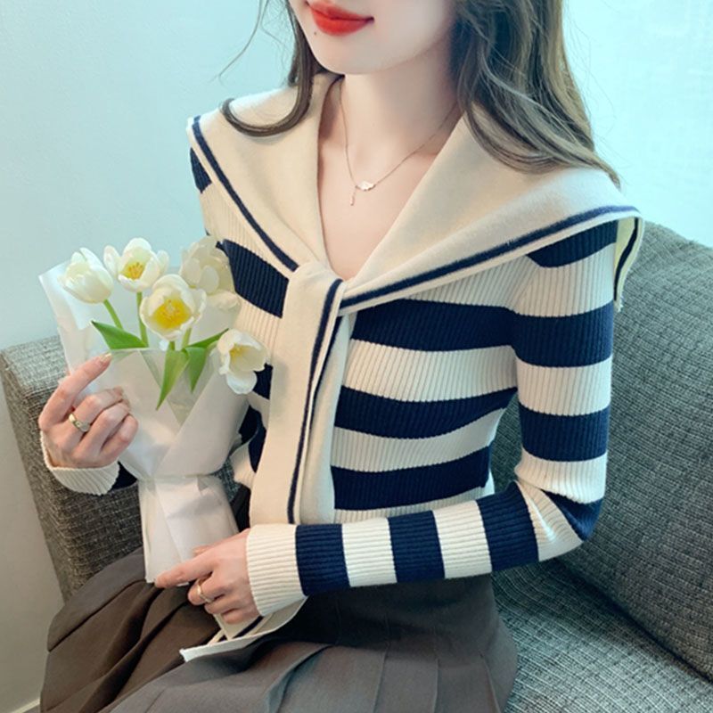 Light Luxury High-End Navy Striped Sweater for Women, Autumn and Winter Inner Wear, Preppy Style Knitwear, Slim Fit, Versatile Top