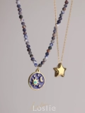 Loslie ｜ Deep Blue Star Empty Natural Goldstone Star Star Moon Titanium Steel Steel