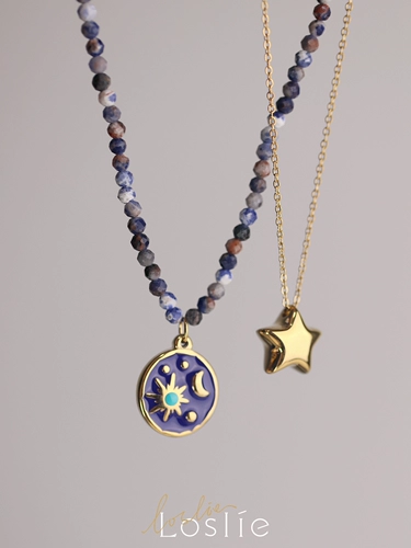 Loslie ｜ Deep Blue Star Empty Natural Goldstone Star Star Moon Titanium Steel Steel