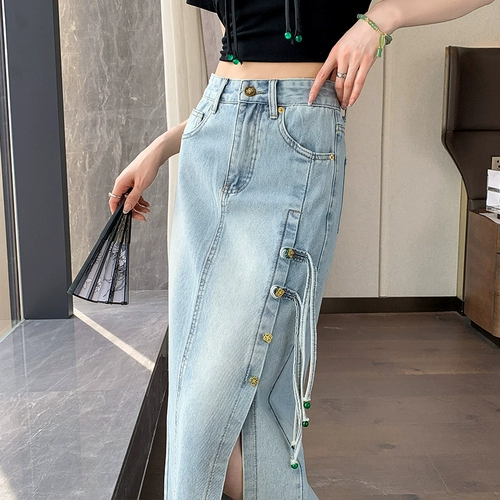 Летняя тонкая джинсовая юбка, китайский стиль, высокая талия, длина миди, с акцентом на бедрах