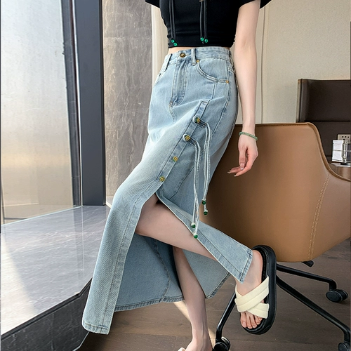Летняя тонкая джинсовая юбка, китайский стиль, высокая талия, длина миди, с акцентом на бедрах
