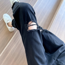 Black Broken Hole Jeans Woman Straight Barrel Loose 90% 2022 Summer Thin slim foot old daddy Harun pants