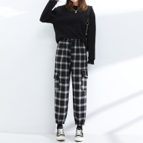 Plus velvet plaid pants womens autumn and winter 2020 new high waist loose slim tooling casual Harlan woolen pants