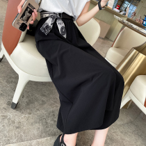 Black Half Body Skirt Woman Summer Ice Ribbon Design Sensation High Waist Casual Little Sub slim 70% wide-legged pants dress