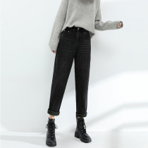 Plus velvet jeans womens loose straight tube autumn and winter thick thin stretch small feet elastic waist radish father pants